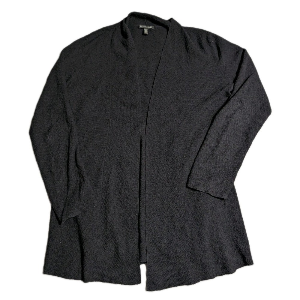 Eileen Fisher Cardigan Womens XS Black 100% Wool Textured Open Front Long